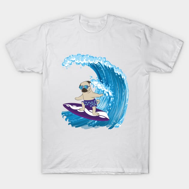 Pug Surfing Waves T-Shirt Surfboard & Sunglasses T-Shirt by MaryMas